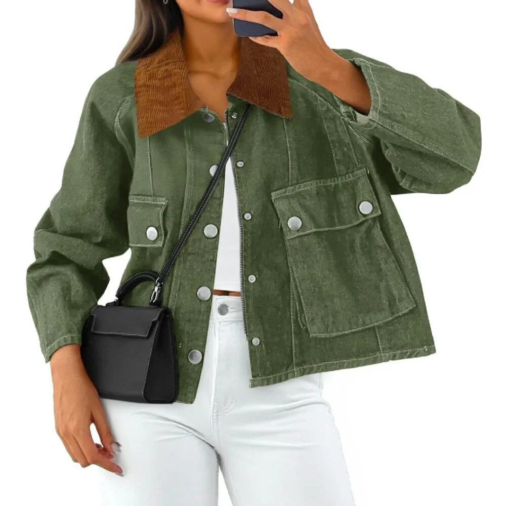 Cropped Denim Jacket with Corduroy Collar, Button Down, Loose Fit